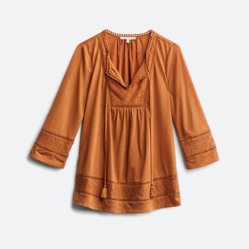 Daniel Rainn Womens Carmelli Tie Tassel Crochet 
Neckline Knit Top